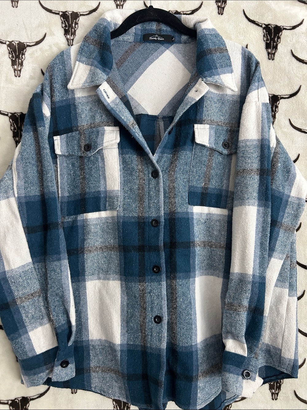 Trendy Queen Blue Plaid Flannel Shacket Shirt Jacket Large